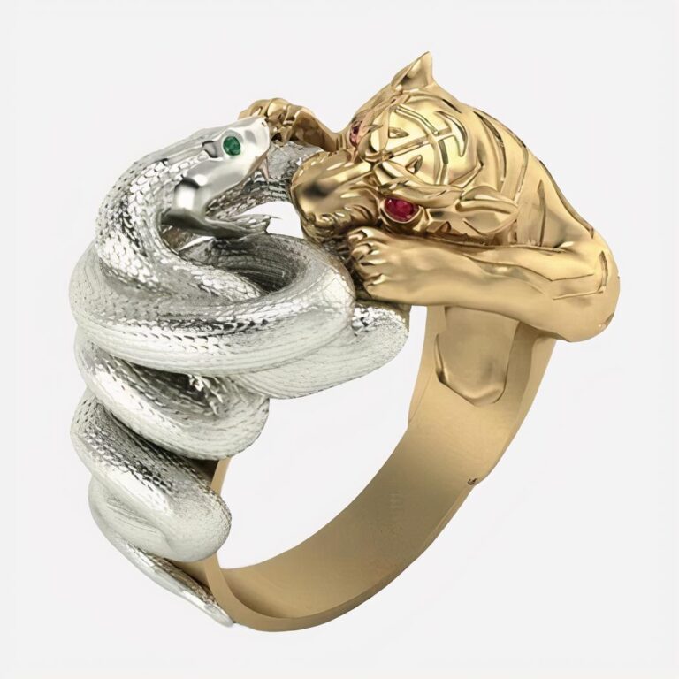 Bague dorée et argentée symbolisant serpent et panthère qui se battent