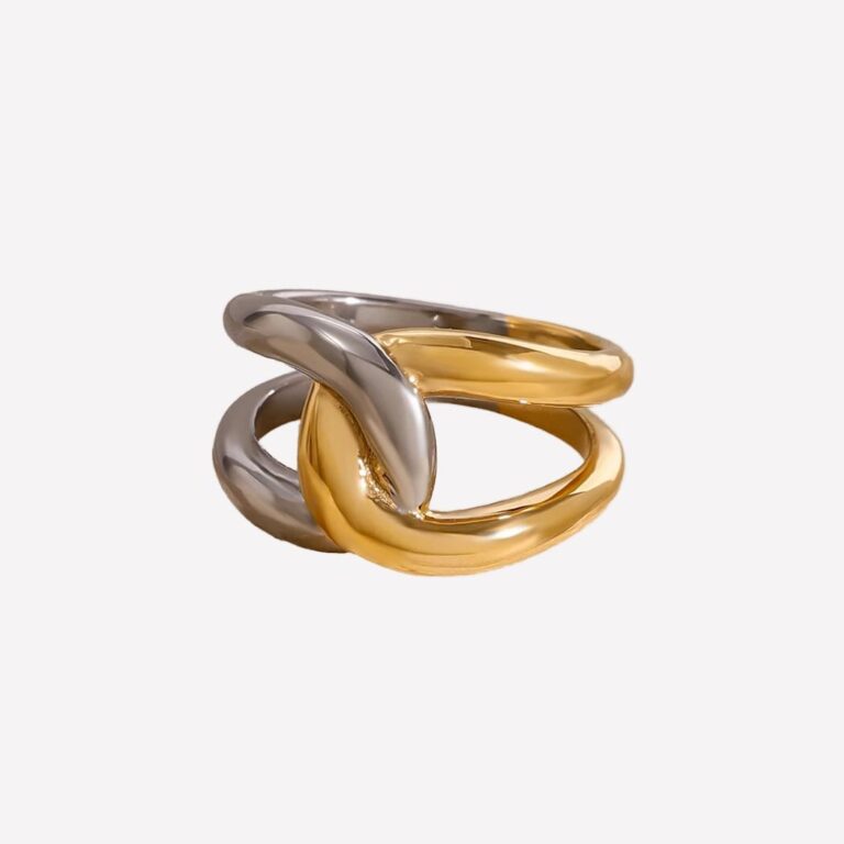 Bague géométrique originale dorée argentée anneaux entrelacés