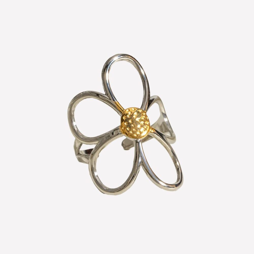 Bague ouverte argentée et dorée en forme de fleur