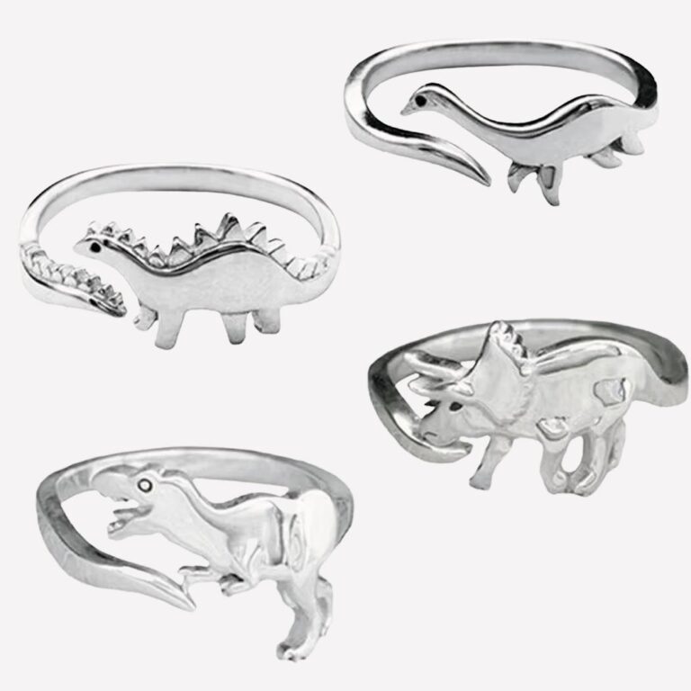 Bagues dinosaure argentées sur fond blanc.