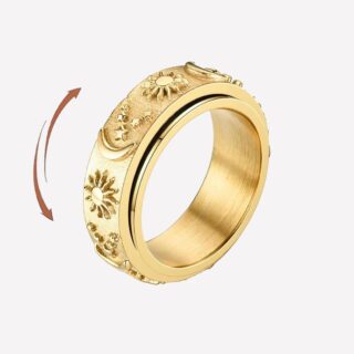 Bague dorée sur fond blanc avec flèche de rotation.