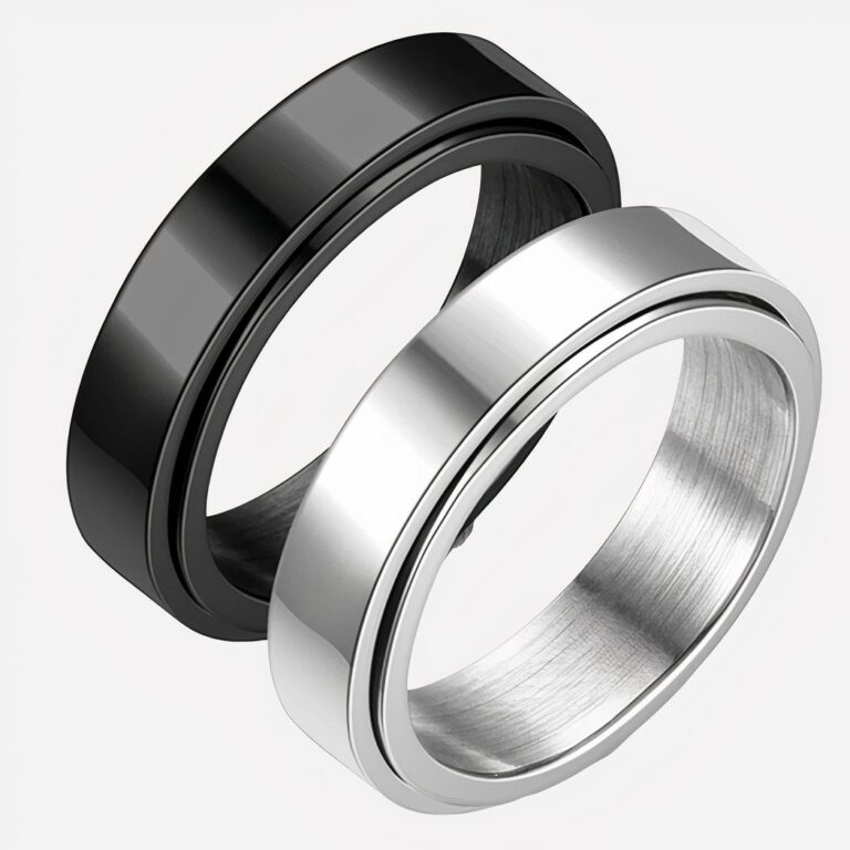 Bague anti-stress rotative pour homme Bagues argentée et noire sur fond blanc.