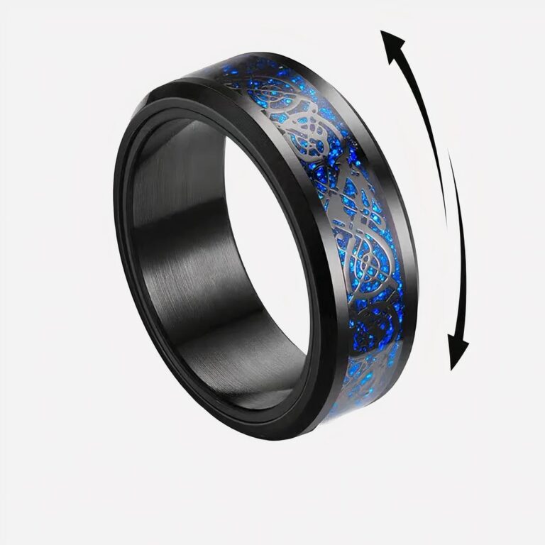 Bague anti-stress à motifs pour homme Bague bleue et noire sur fond blanc.