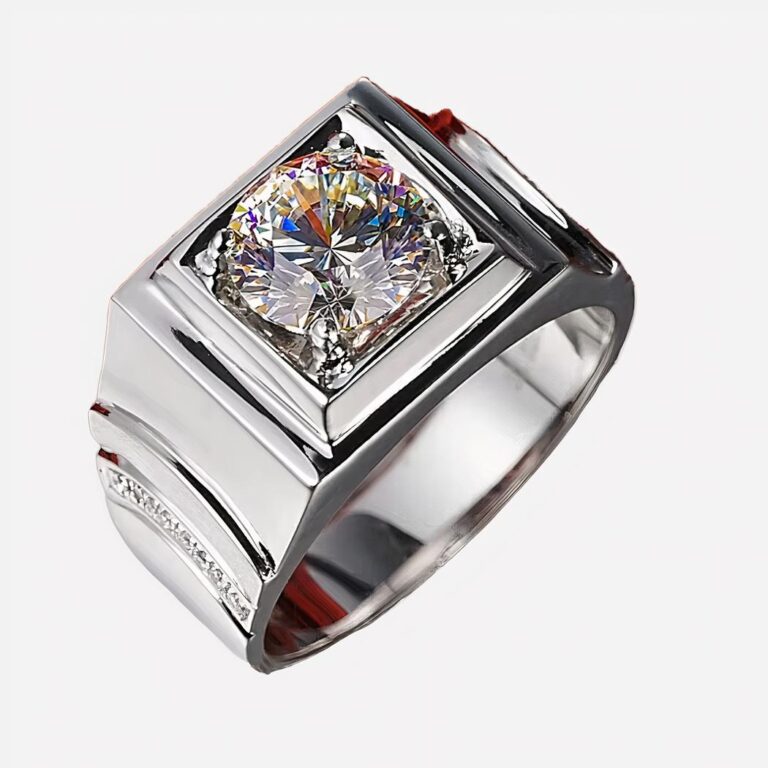 Photo d"une bague gitan pour homme en platine et moissanite de style chevalière