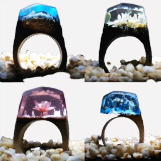 4 bagues en bois avec partie haute colorée résine fleurs