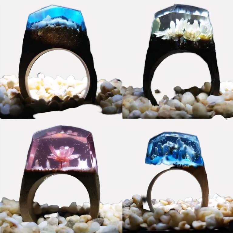 Bague en bois et en résine pour femme 4 bagues en bois avec partie haute colorée résine fleurs