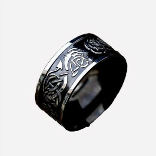 Bague viking pouce argentée et noire sur pierre