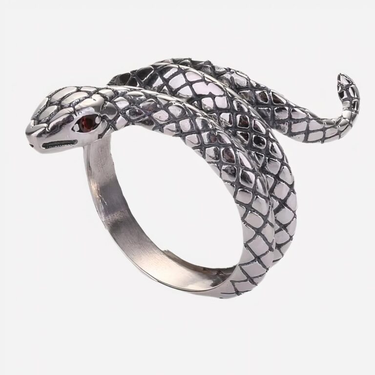 Bague ajustable serpent pour homme en argent Bague serpent argentée ajustable sur fond blanc
