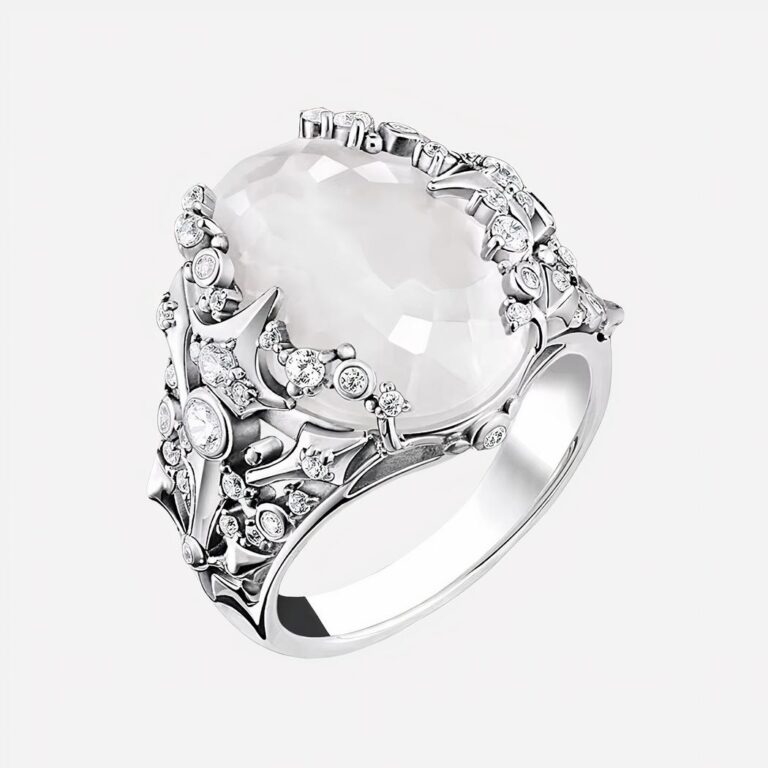 Bague cocktail large en argent pour femme Bague en argent large travaillée zircons et pierre en résine blanche comme de la pierre de lune