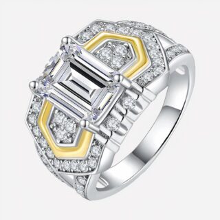 Bague argentée et dorée sur fond blanc.