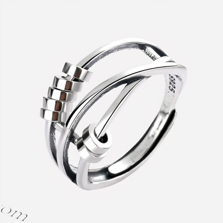 Bague argentée sur fond blanc.