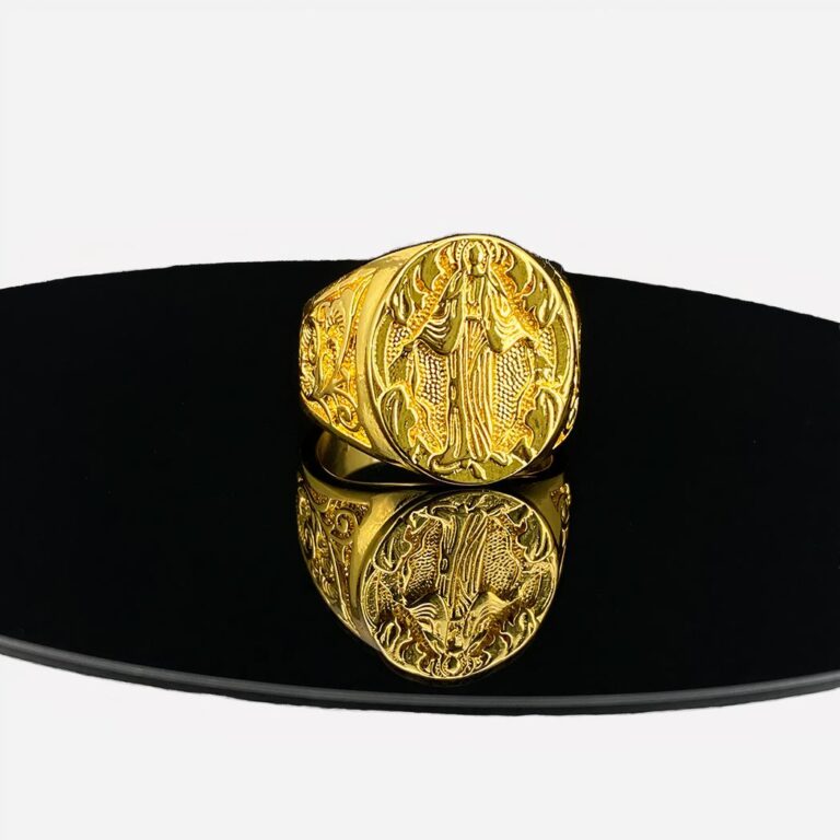 Bague chevalière dorée unisexe vierge Marie