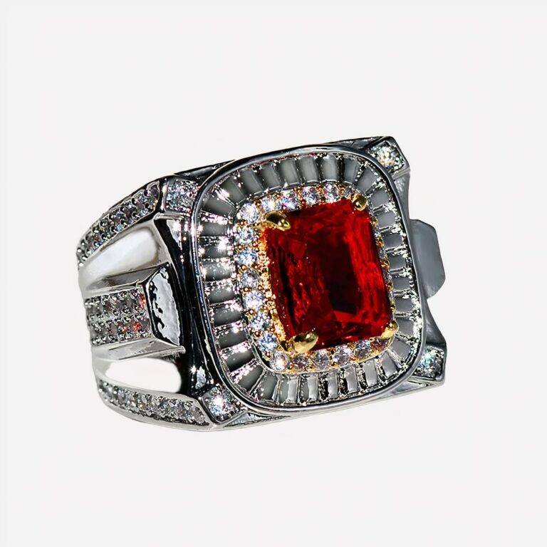 Bague carrée rouge avec des zircons.