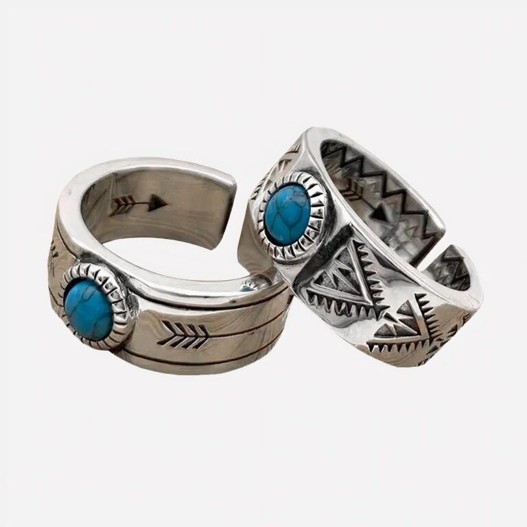 Deux modèles de bagues ajustables pour homme au style touareg ethnique en argent et turquoise