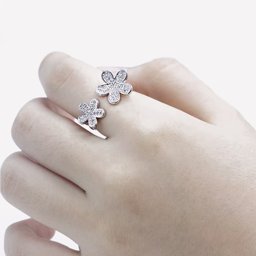 Bague argentée réglable double fleurs femme