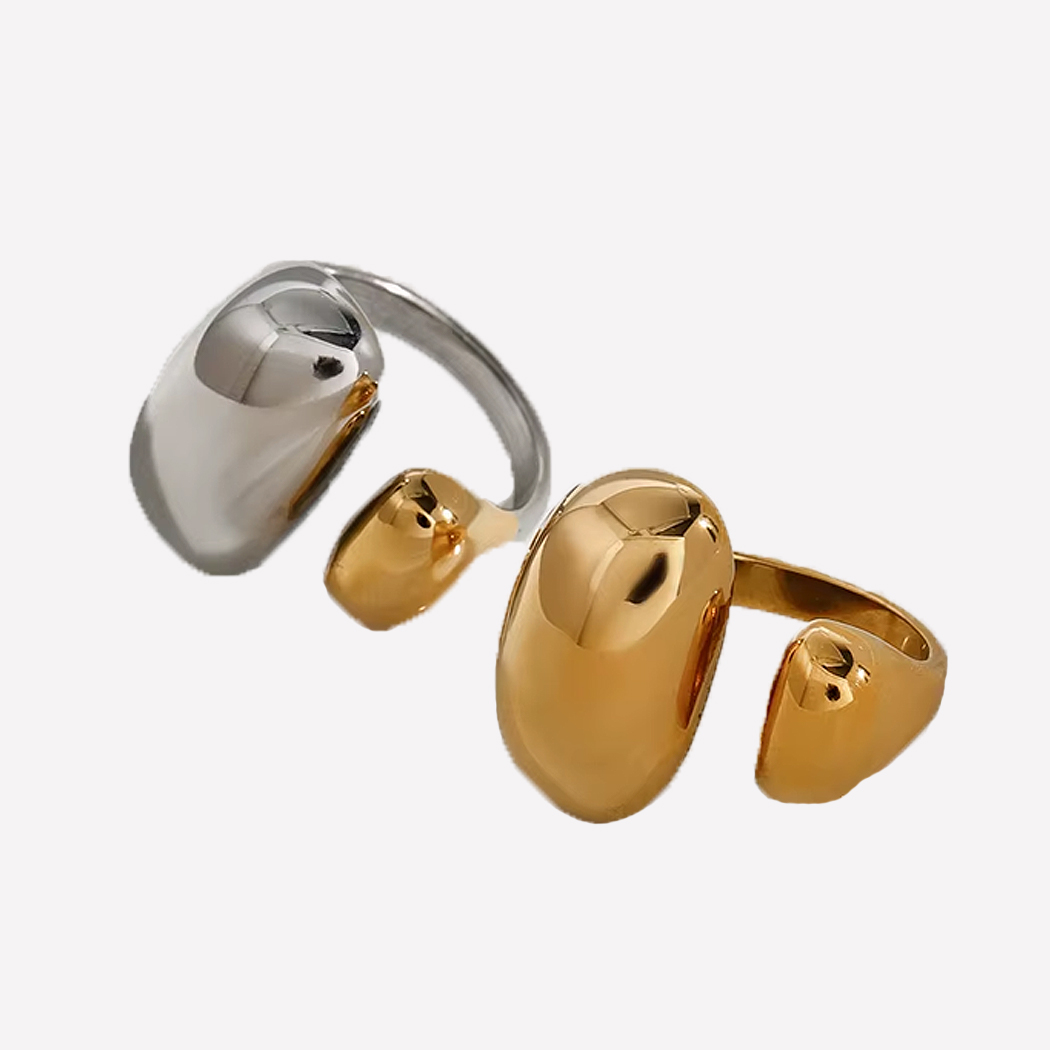 Deux bagues originales asymétriques épaisses et ajustables, une dorée, une argentée